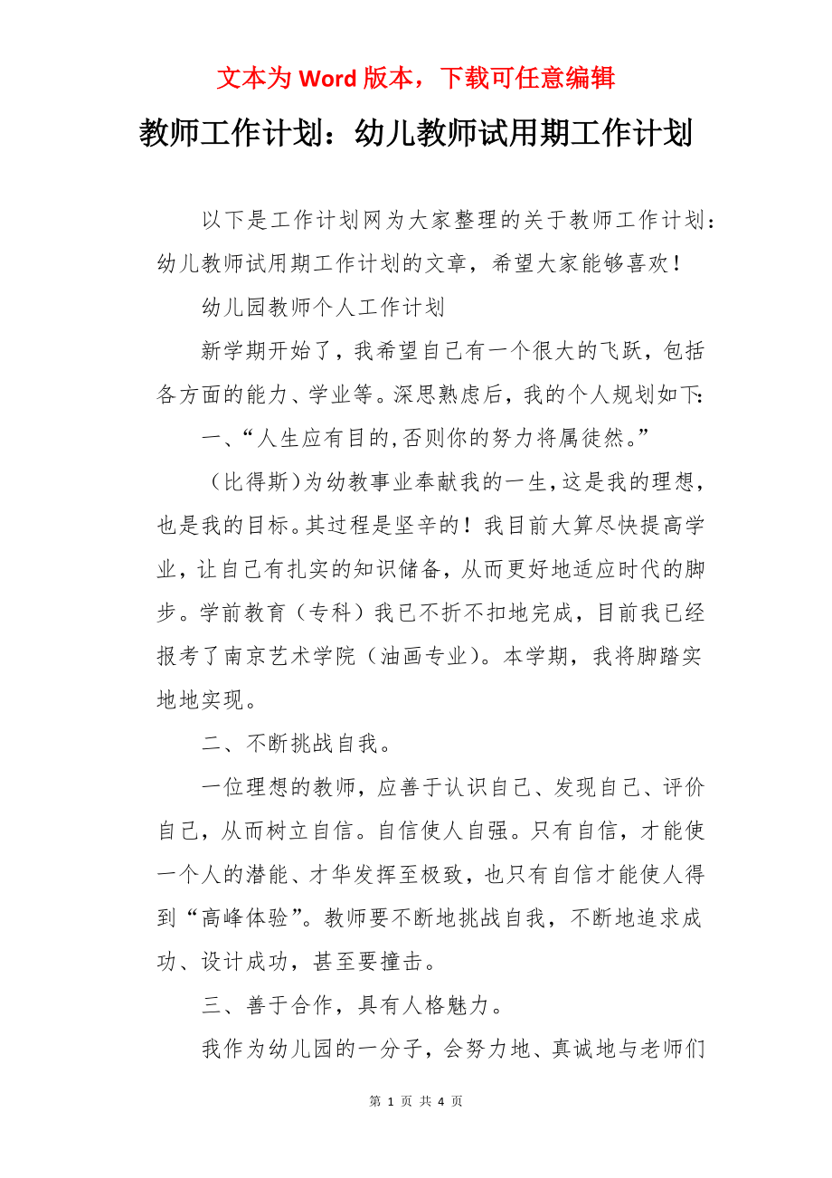 教师工作计划：幼儿教师试用期工作计划.docx_第1页