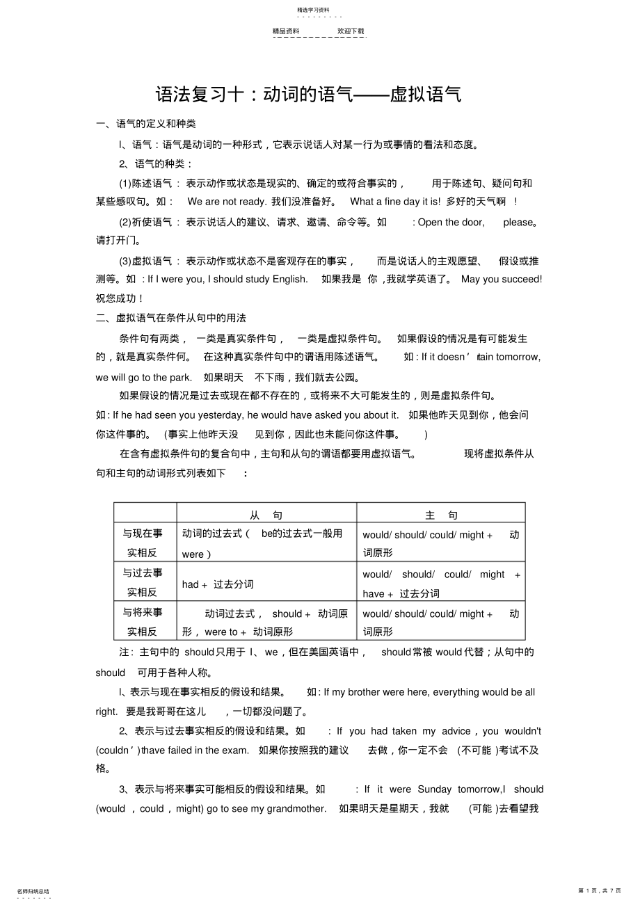 2022年人教版高中英语语法九——动词的语气——虚拟语气 .pdf_第1页