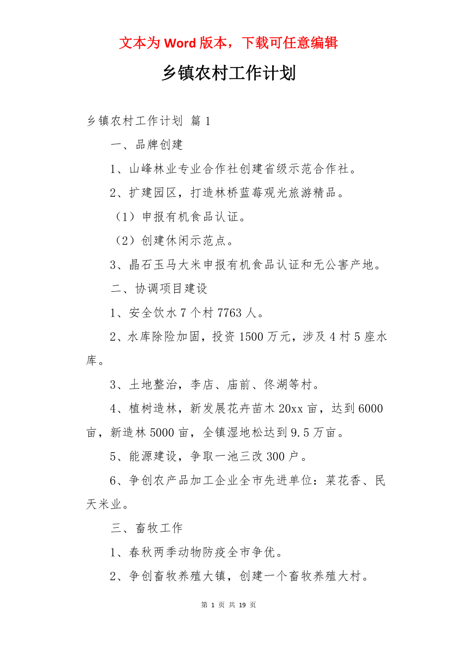 乡镇农村工作计划.docx_第1页