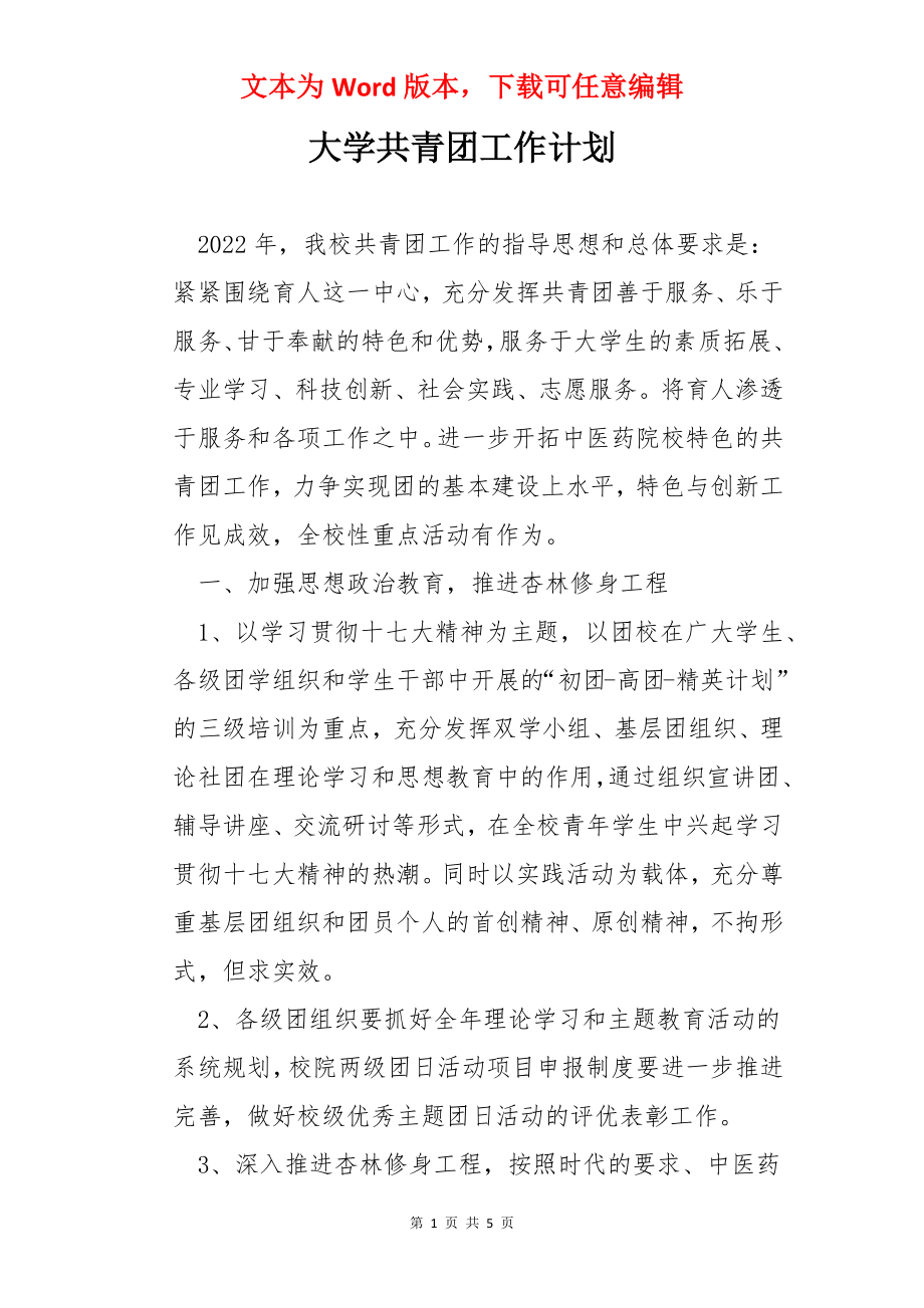 大学共青团工作计划.docx_第1页