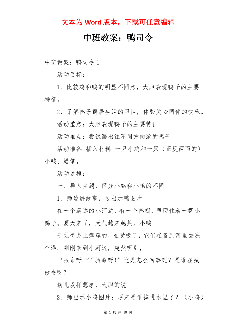 中班教案：鸭司令.docx_第1页