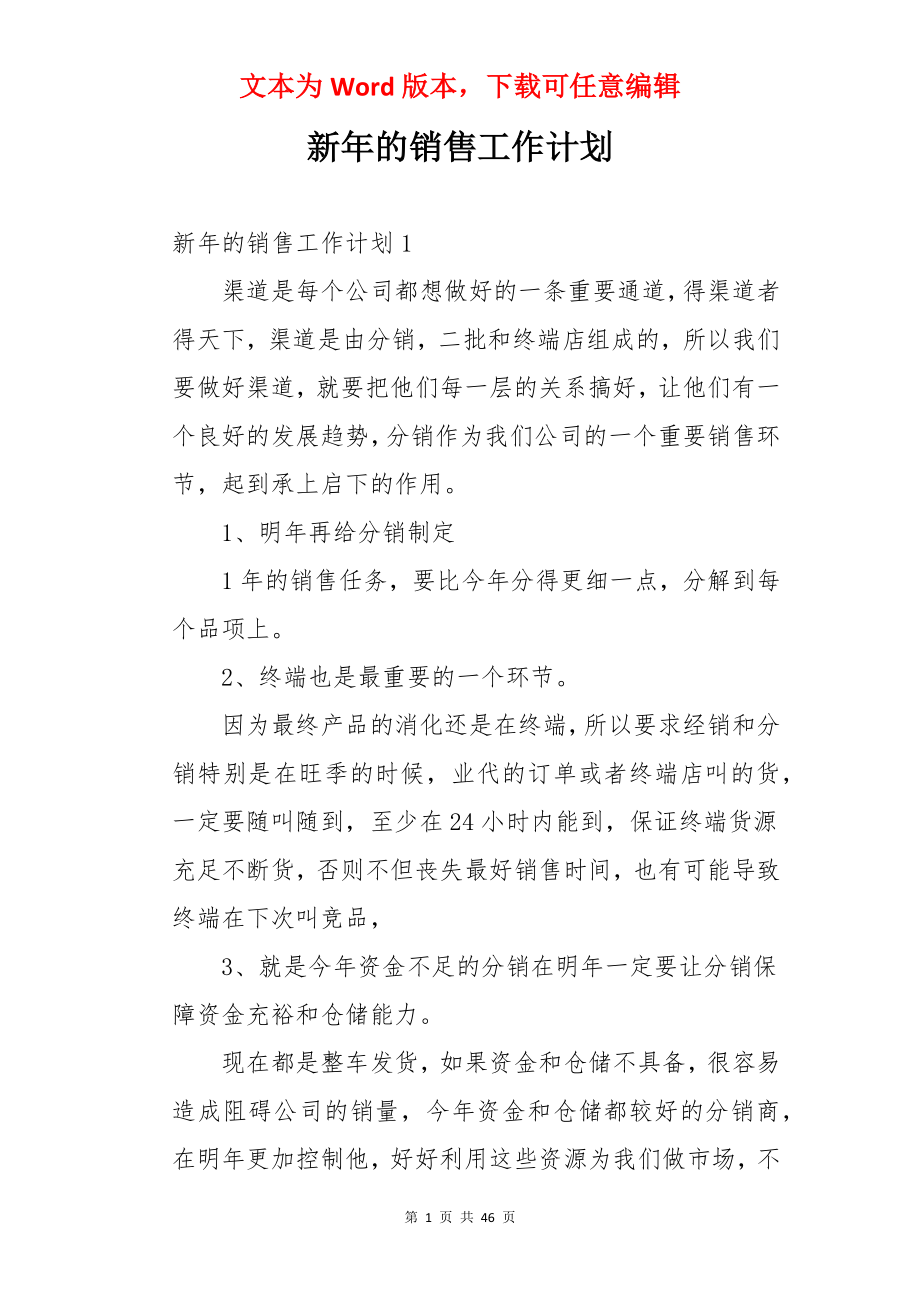 新年的销售工作计划.docx_第1页