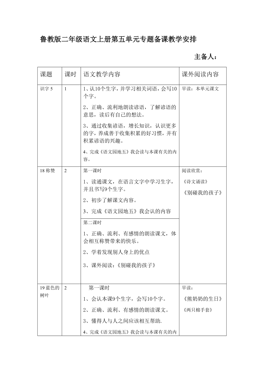 鲁教版小学二年级语文上册第五单元专题备课教学.docx_第1页