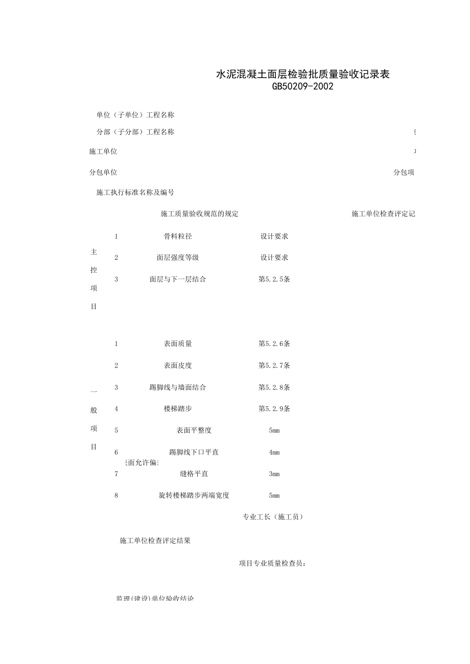 水泥混凝土面层检验批质量验收记录表施工管理表格.xls_第1页