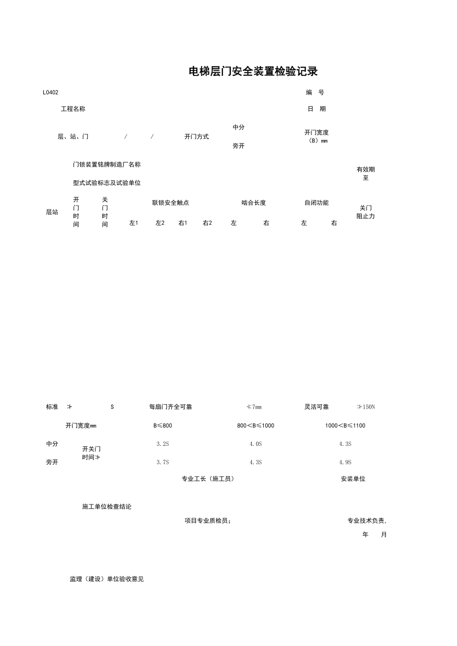 L电梯层门安全装置检验记录施工管理表格.xls_第1页