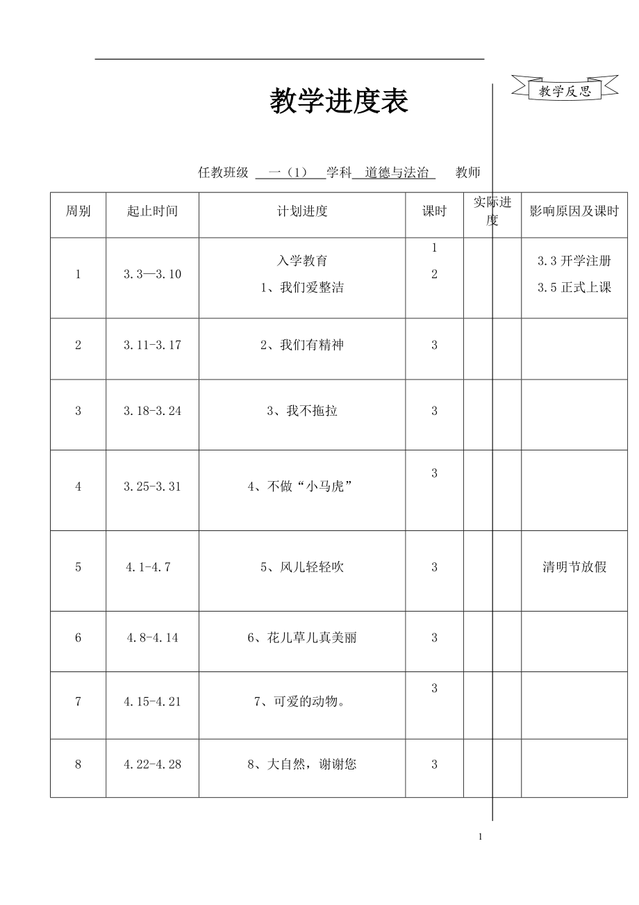 新部编版小学一年级下册《道德与法治》教学进度与教案设计.docx_第1页