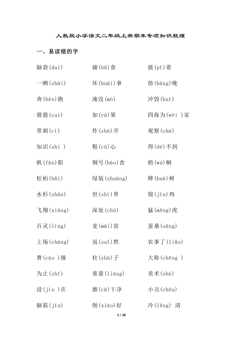 部编版小学语文二年级上册期末专项知识总结.docx_第1页