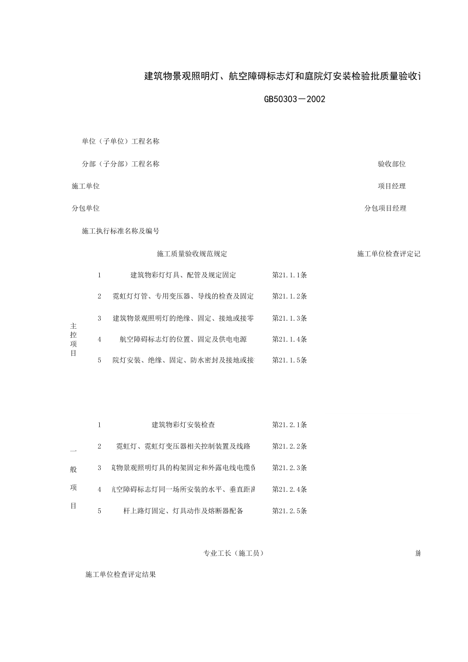 建筑物景观照明灯、航空障碍标志灯和庭院灯安装检验批质量验收记录表施工管理表格.xls_第1页