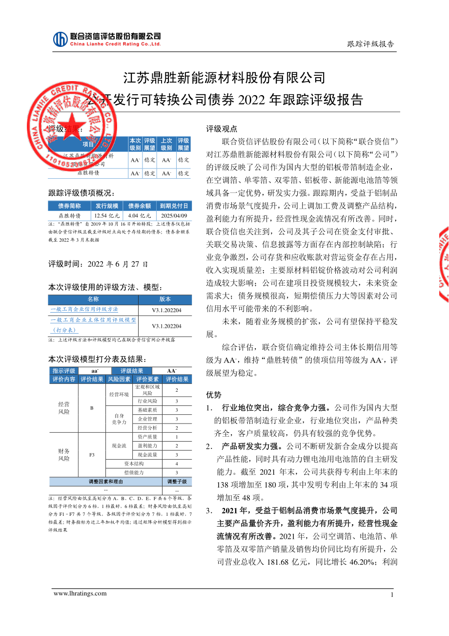 鼎胜新材：江苏鼎胜新能源材料股份有限公司公开发行可转换公司债券2022年跟踪评级报告.PDF_第2页