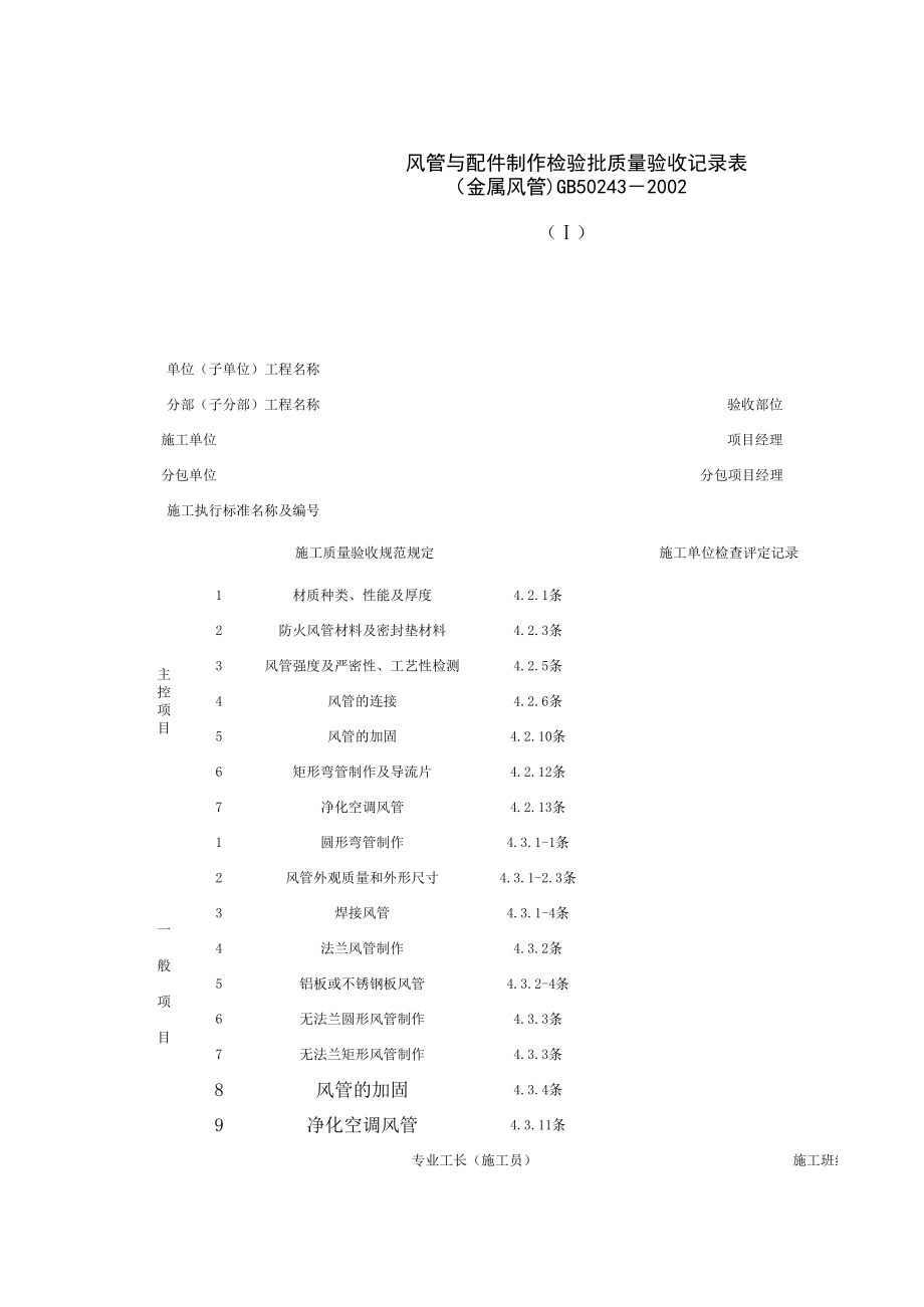 风管与配件制作检验批质量验收记录表(金属风管(1)施工管理表格.xls_第1页