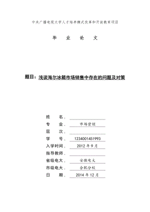 浅谈海尔冰箱市场销售中存在的问题及对策毕业论文.doc