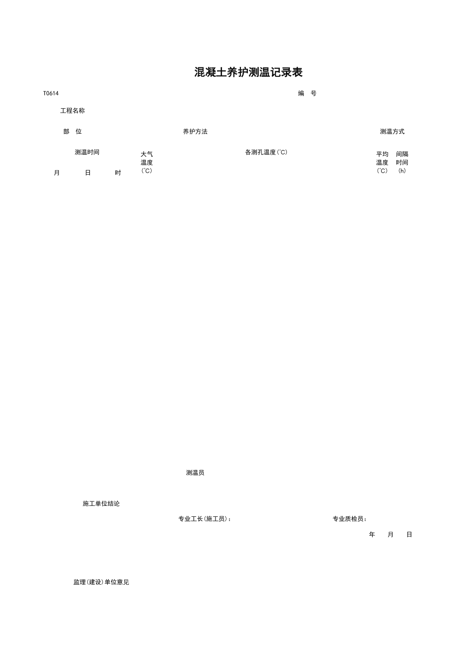 T混凝土养护测温记录表施工管理表格.xls_第1页