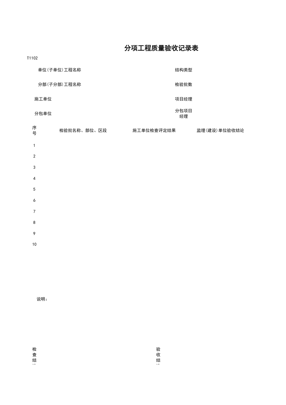 T分项工程质量验收记录施工管理表格.xls_第1页