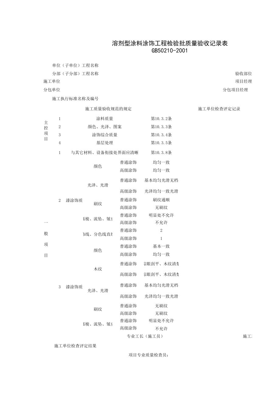 溶剂型涂料涂饰工程检验批质量验收记录表施工管理表格.xls_第1页