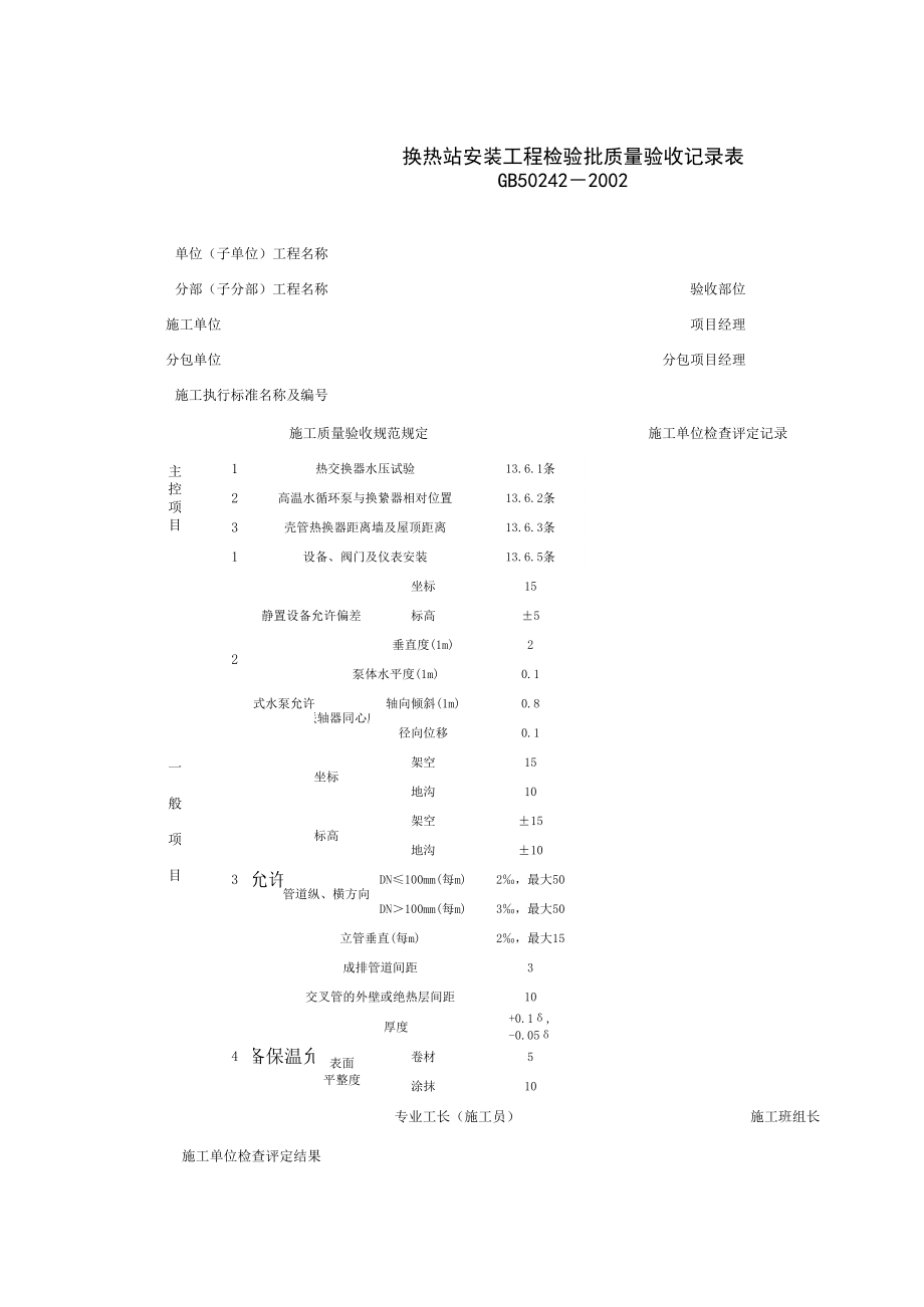 换热站安装工程检验批质量验收记录表施工管理表格.xls_第1页