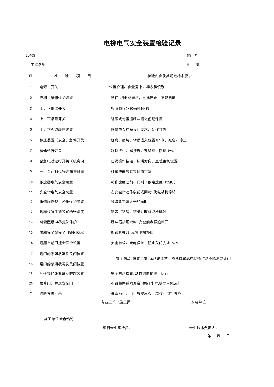 L电梯电气安全装置检验记录施工管理表格.xls_第1页