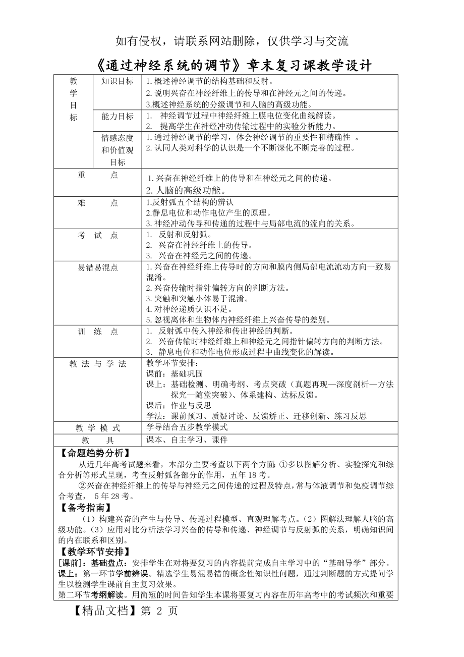 《通过神经系统的调节》复习课教学设计word资料6页.doc_第2页