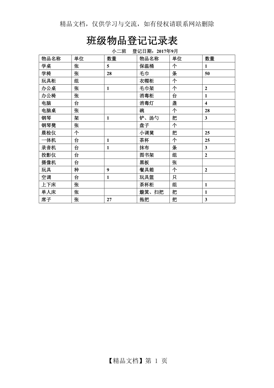 幼儿园班级物品登记表.doc_第1页