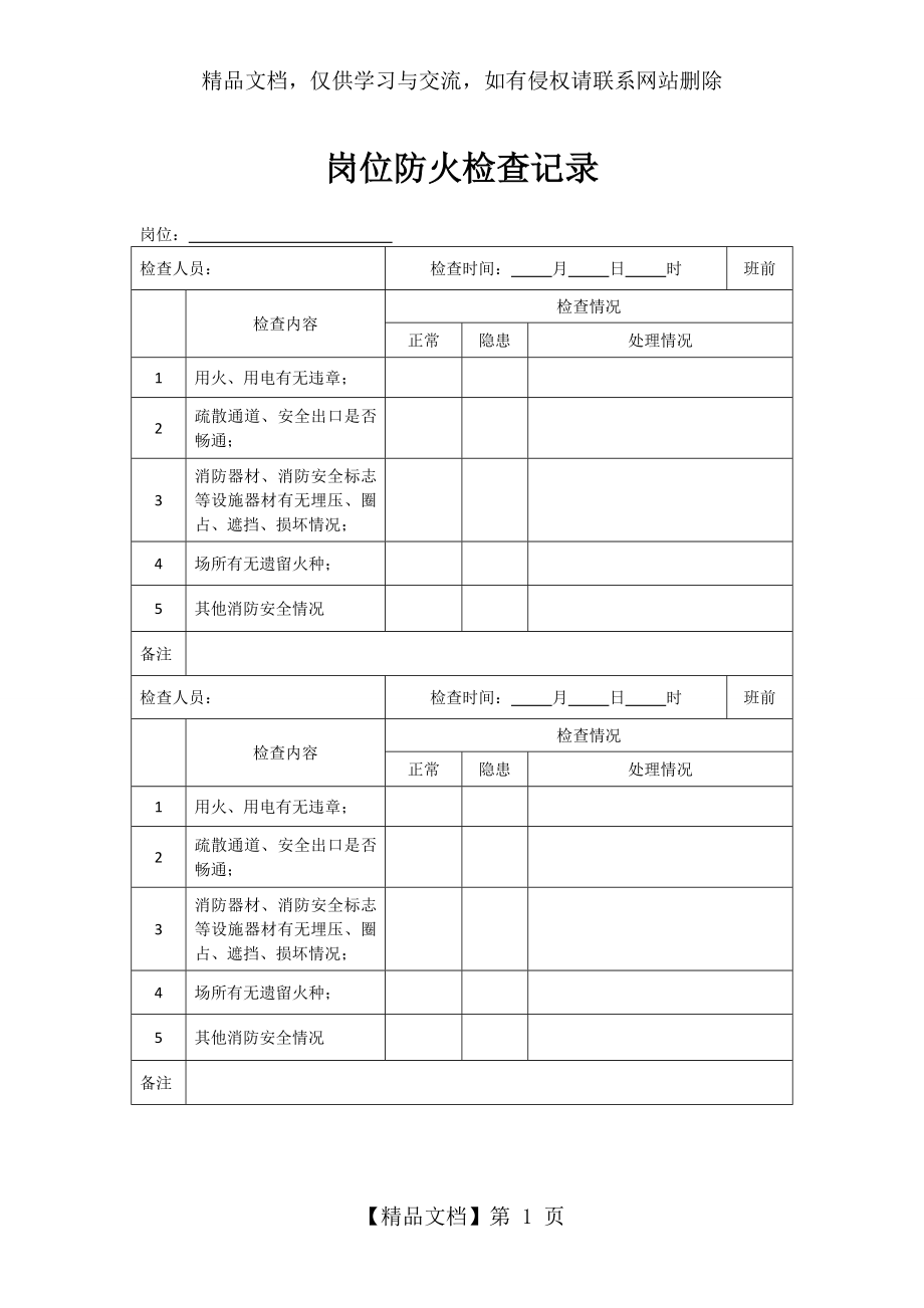 岗位防火检查记录.doc_第1页