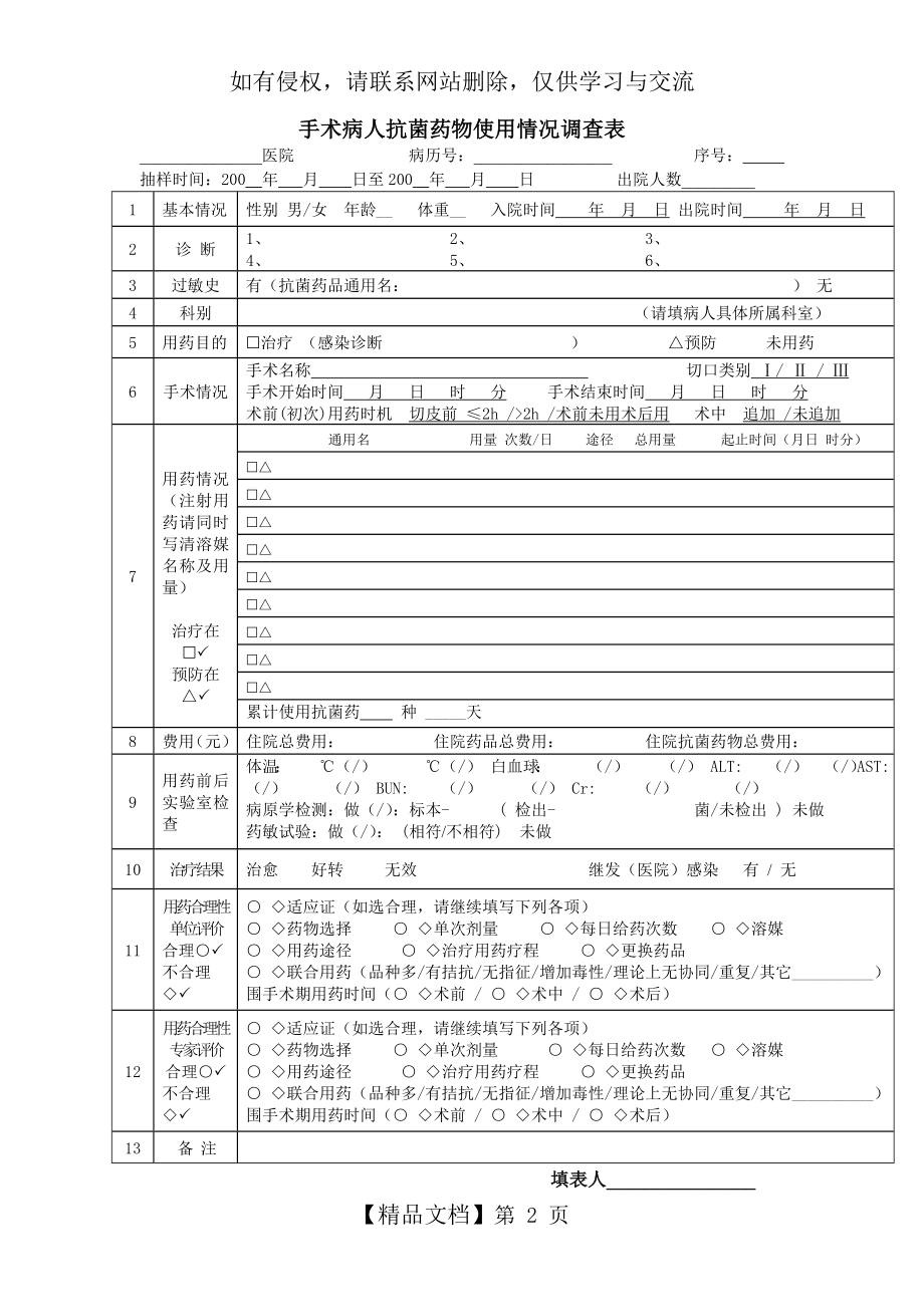 手术病人抗菌药物使用情况调查表.doc_第2页