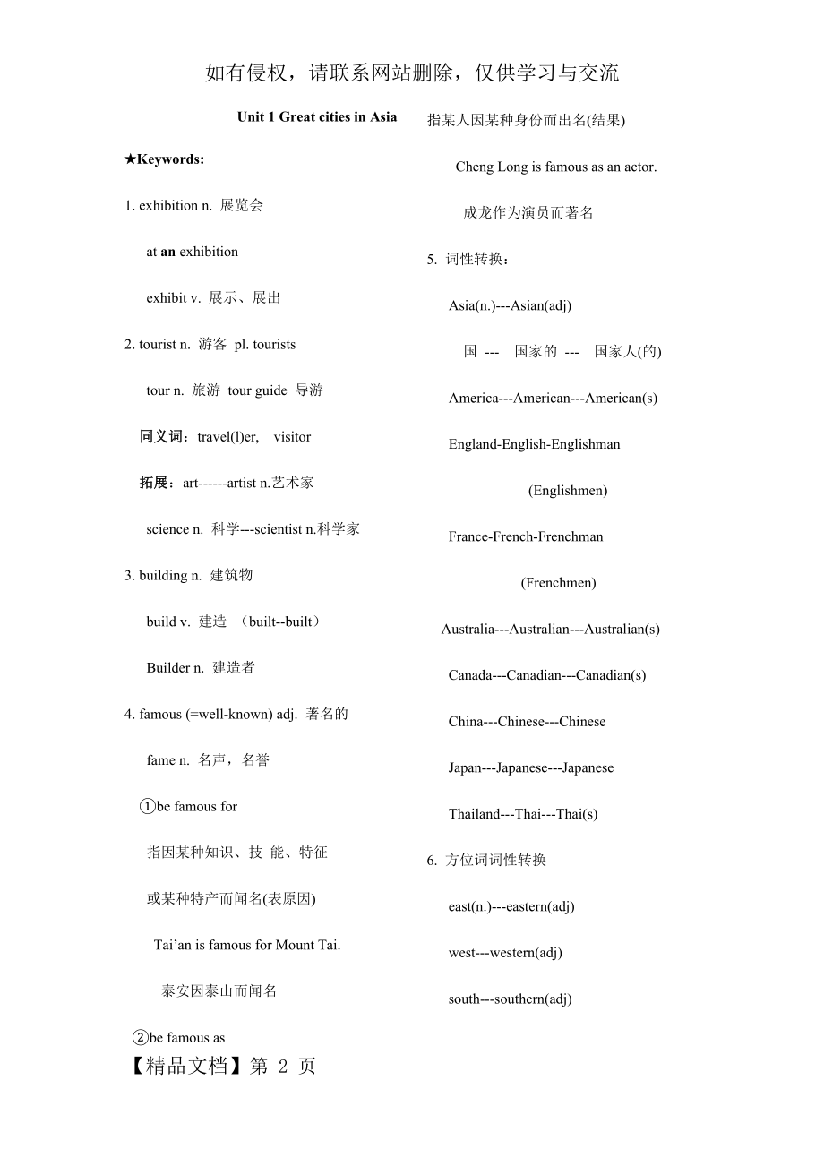 上海沪教版六年级下学期U1 知识点和练习题10页word文档.doc_第2页