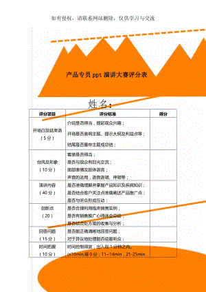 产品专员ppt演讲大赛评分表word资料2页.doc