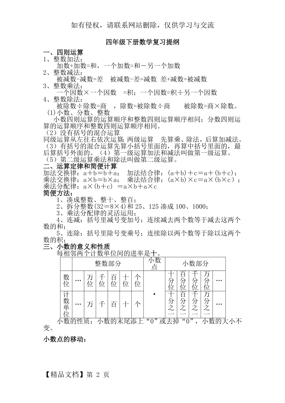 人教版四年级下册数学复习提纲3页word文档.doc_第2页