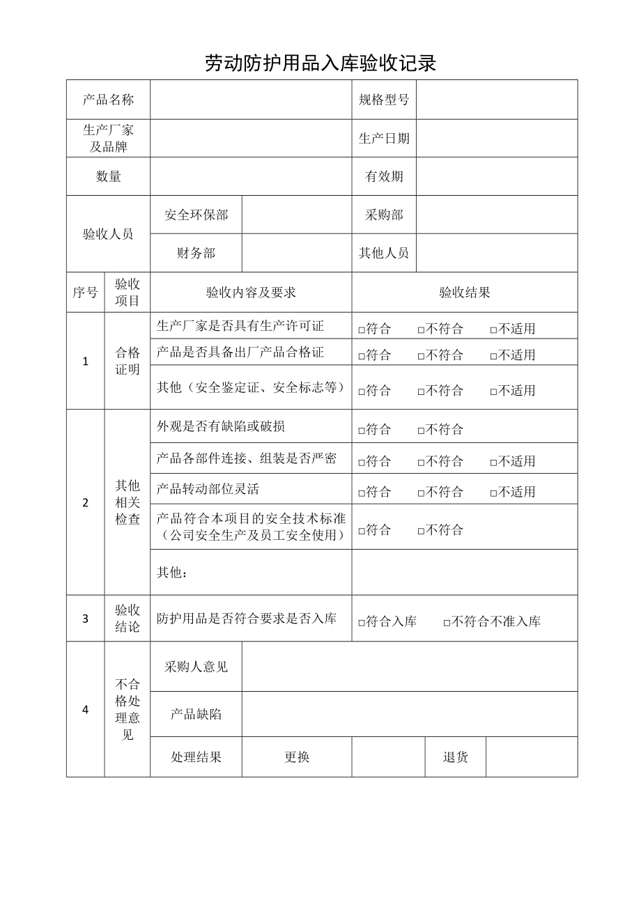 劳保防护用品验收记录表.doc_第1页