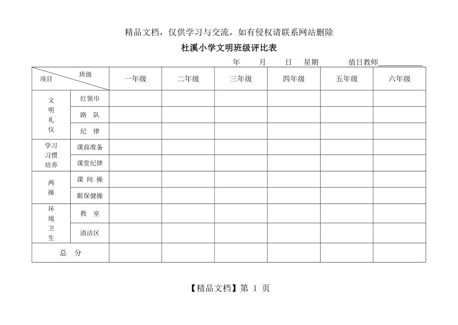 小学文明班级评比表.doc_第1页