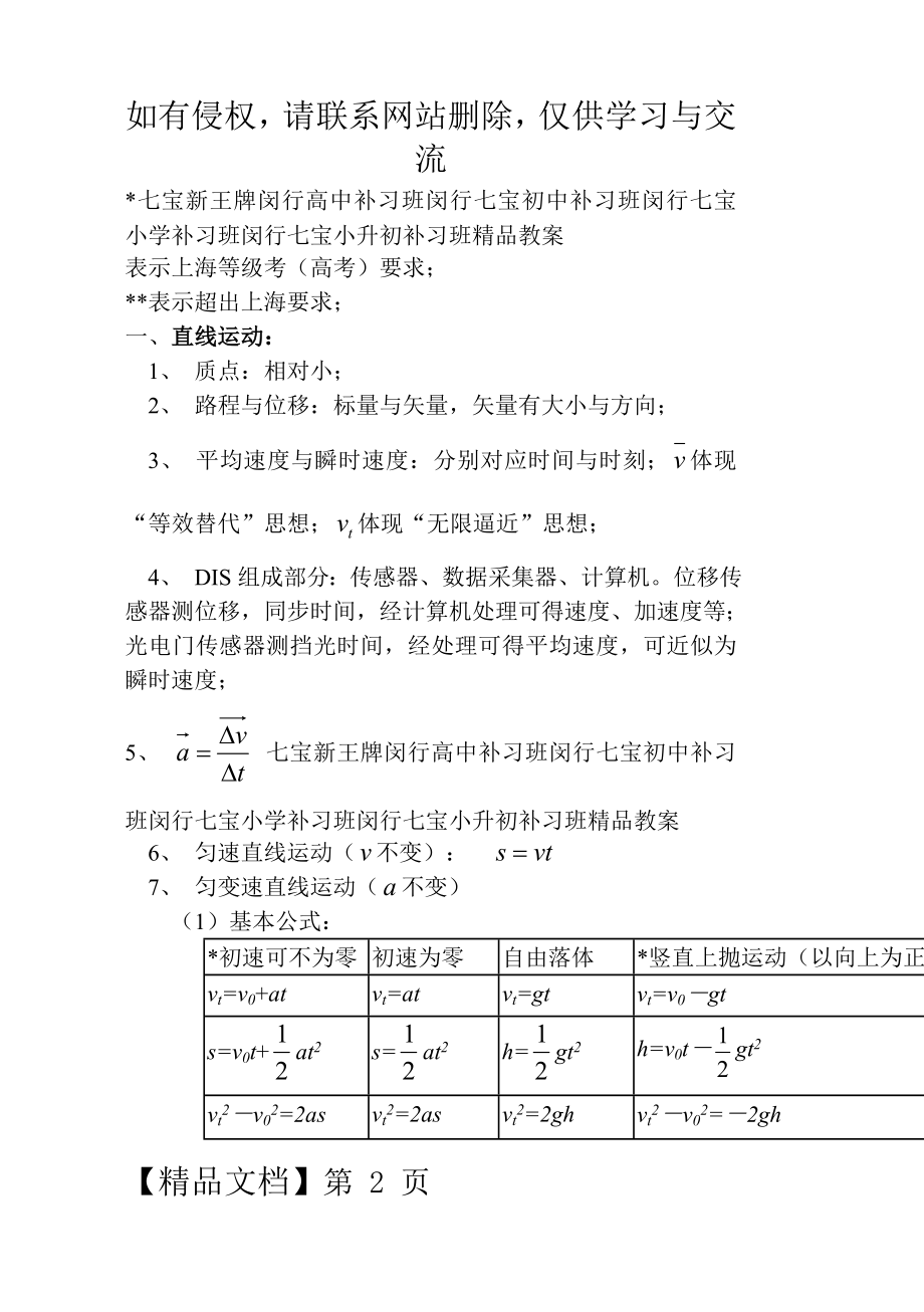 上海高中物理公式大全(等级考闵行七宝补习班精品文档27页.doc_第2页