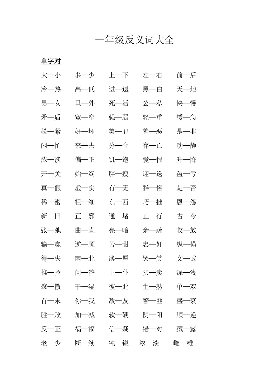 小学一年级-反义词大全(打印).doc_第1页