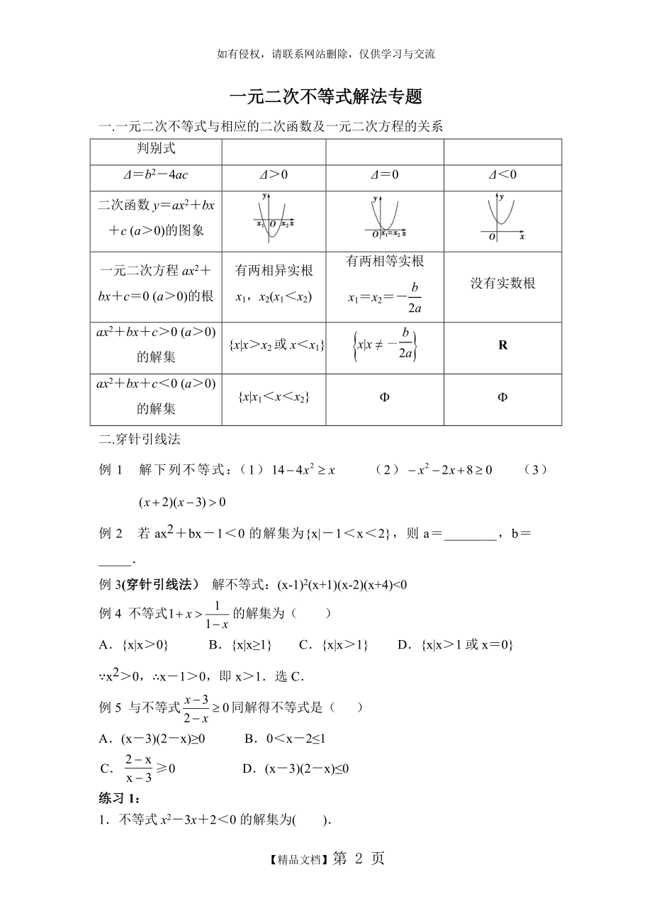 一元二次不等式解法专题知识梳理及典型练习题(含答案).doc_第2页