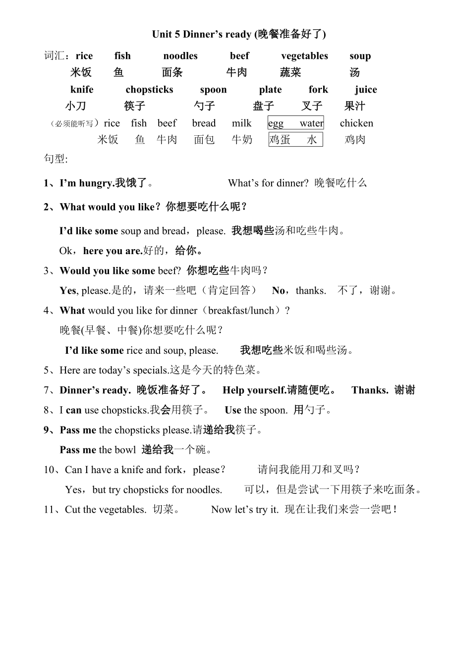 PEP四年级英语上册第五单元重点单词和句型归纳.doc_第1页