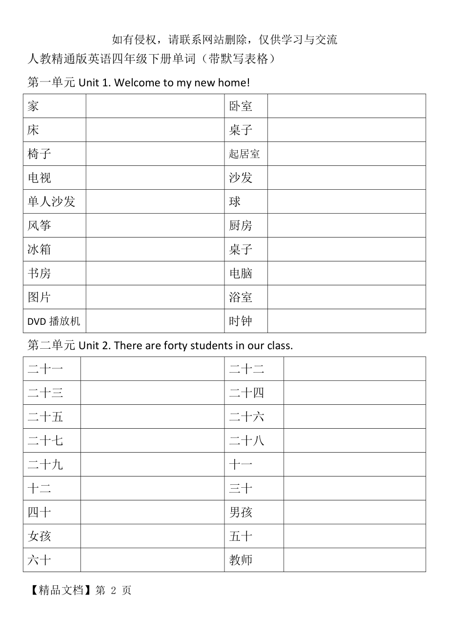 人教精通版小学英语四年级下册单词表(带默写表格)-8页word资料.doc_第2页