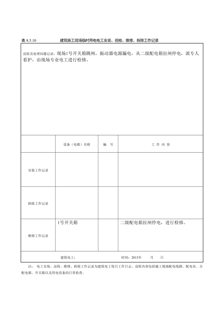 建筑施工现场临时用电电工安装、巡检、维修、拆除工作记录有内容 (2).doc_第1页