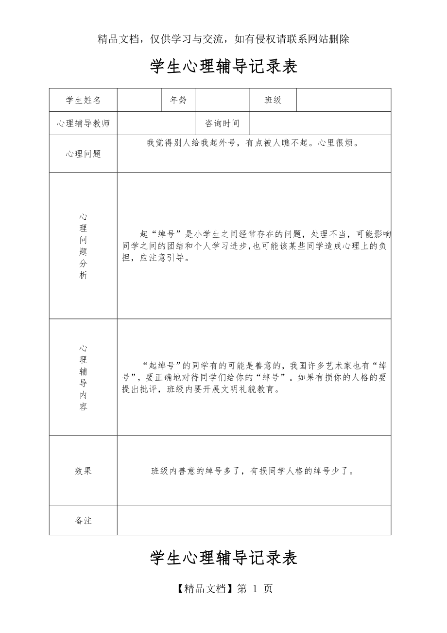 小学心理咨询心理疏导记录文稿表.doc_第1页