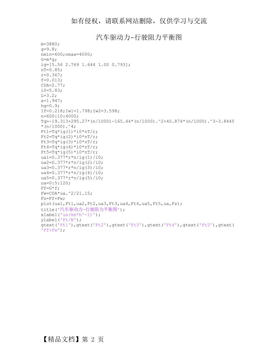 用matlab绘制汽车驱动力-行驶阻力平衡图.doc_第2页