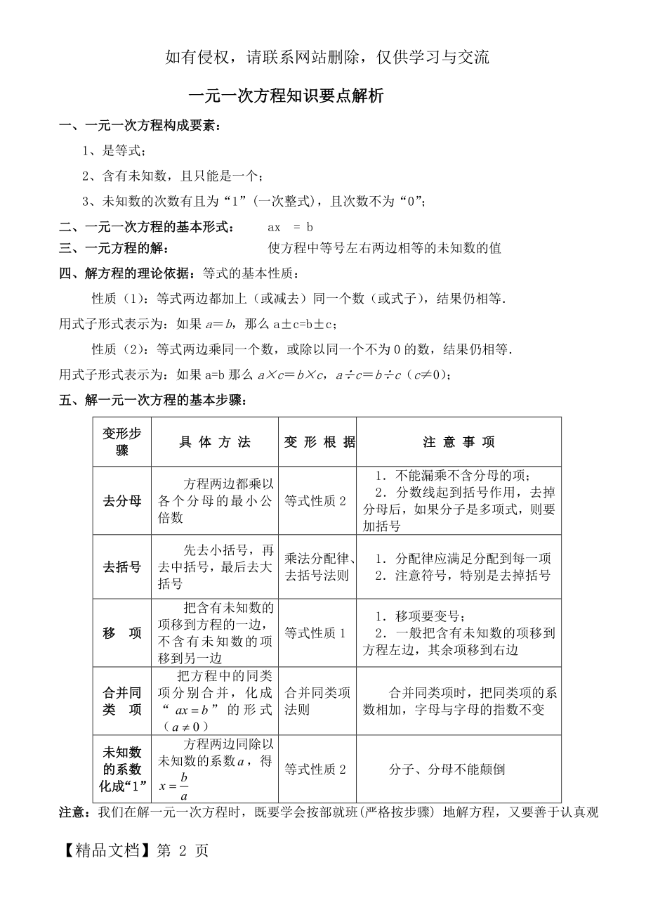 七年级上册数学《一元一次方程》-知识点整理word精品文档24页.doc_第2页