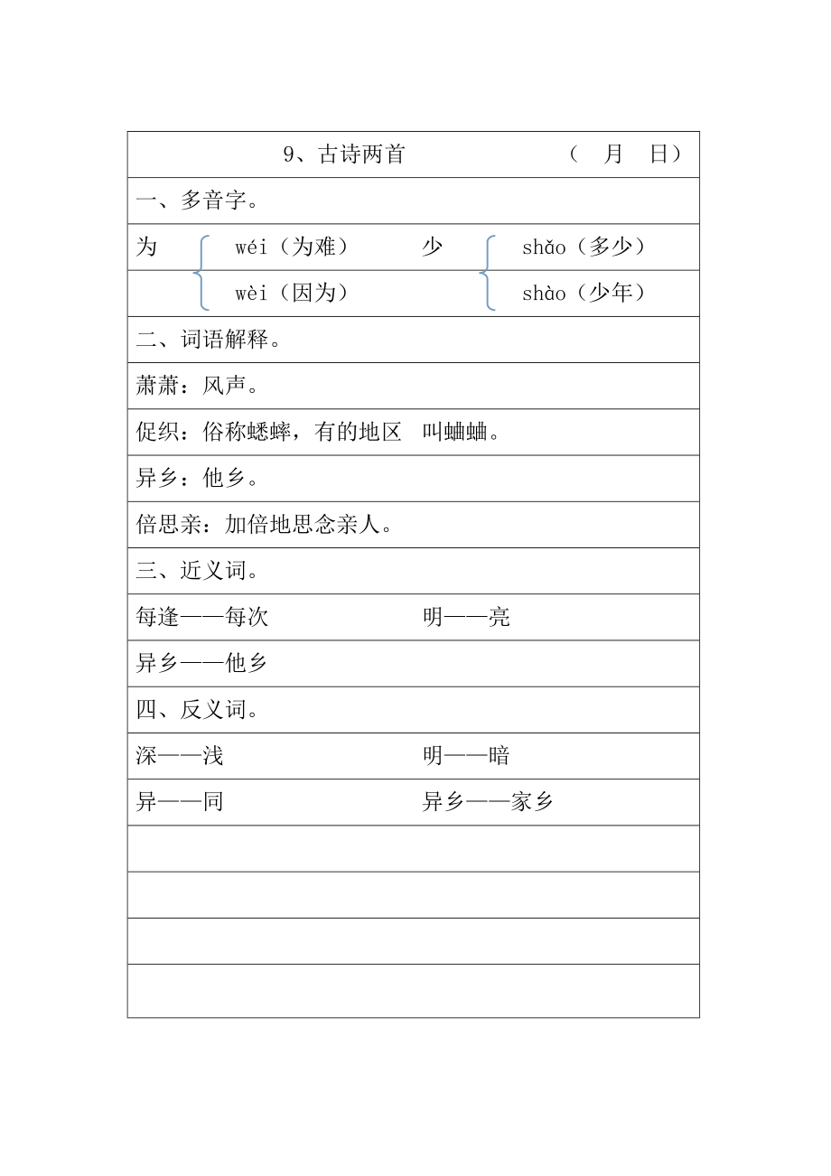 小学人教版语文三年级上册第三单元多音字、词语解释、近义词、反义词每课重点归纳.doc_第1页