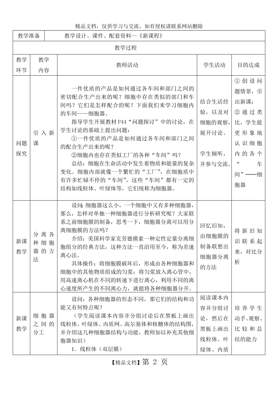 细胞器——系统内的分工合作教学设计.doc_第2页