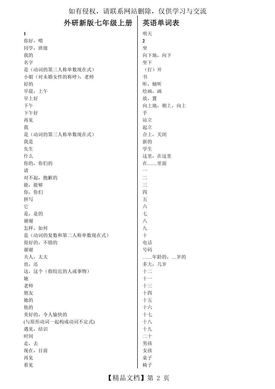 外研版七年级上册英语单词表-中文.doc_第2页