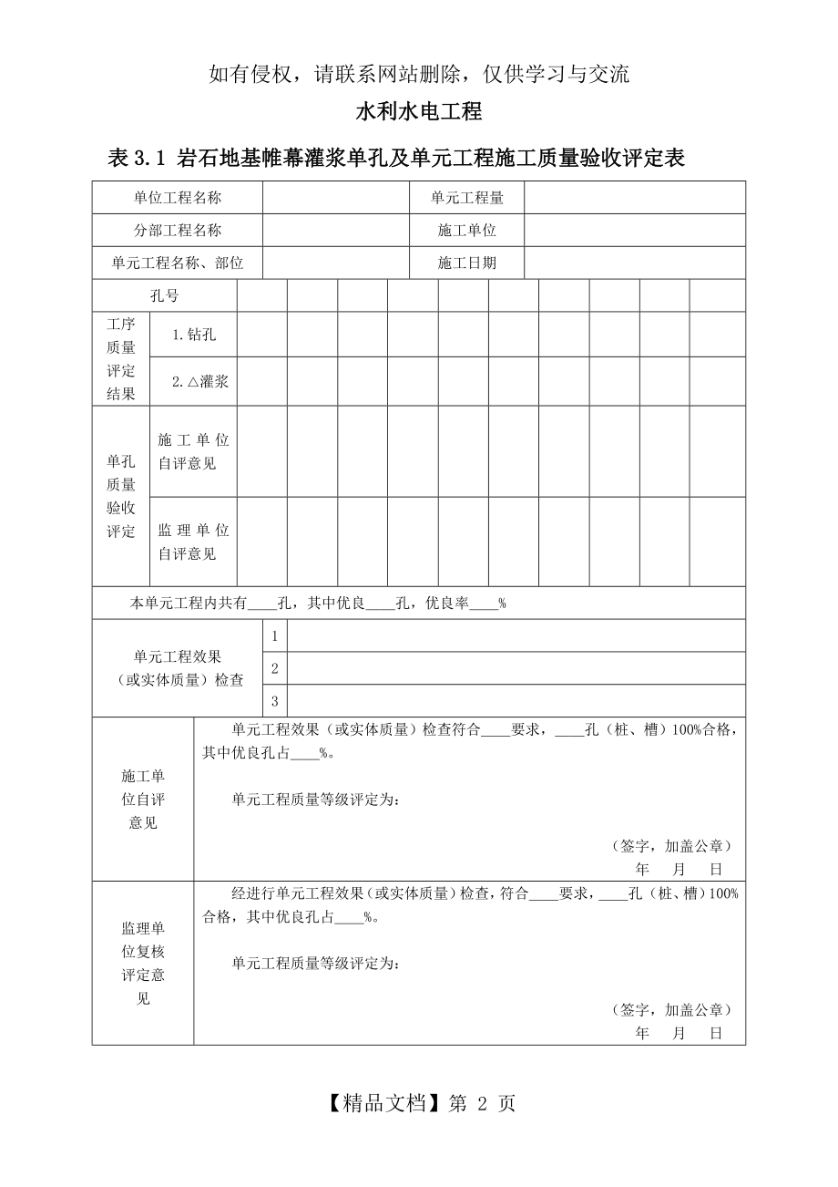 单孔灌浆工序施工质量验收评定表.doc_第2页