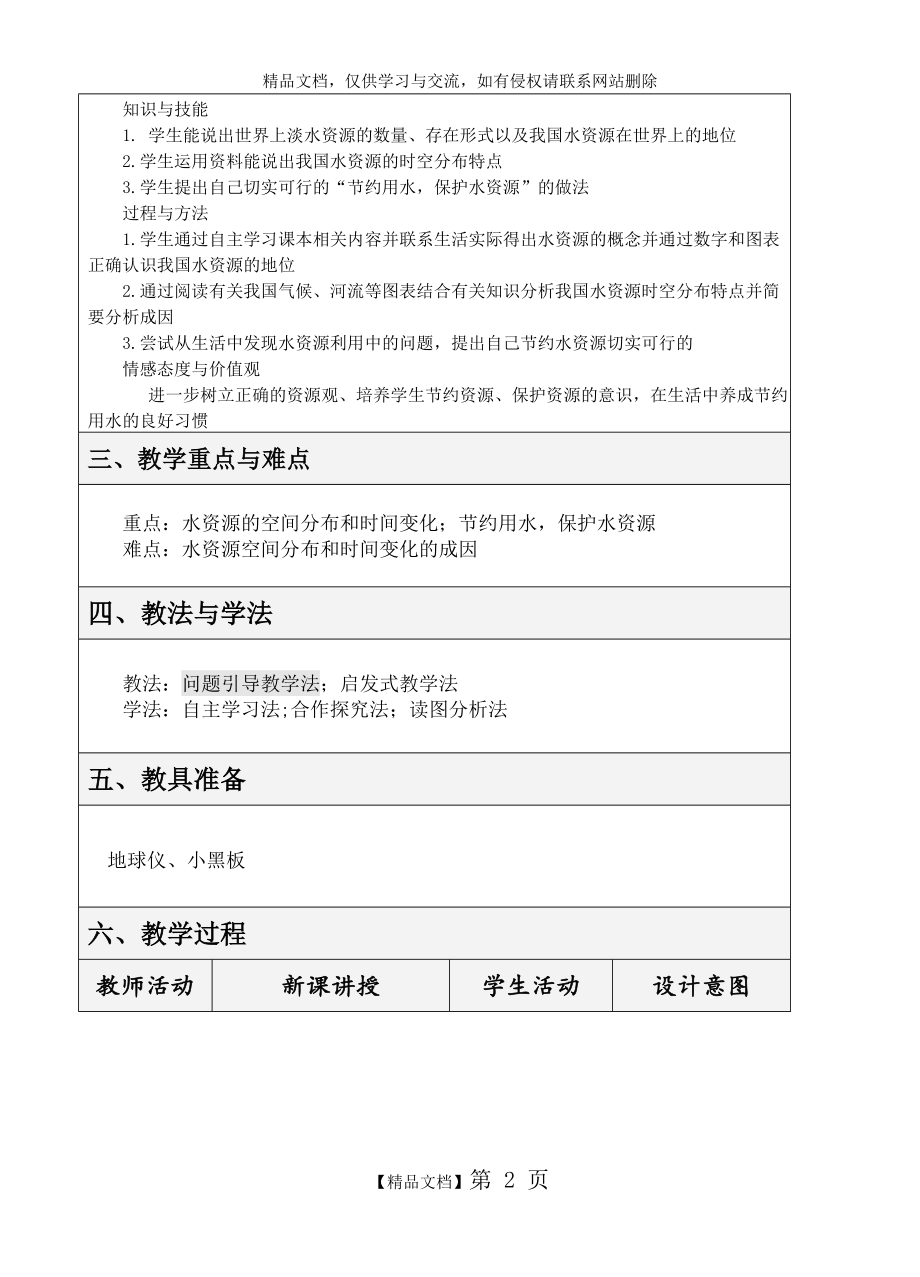 紧缺的水资源表格式教学设计方案.doc_第2页