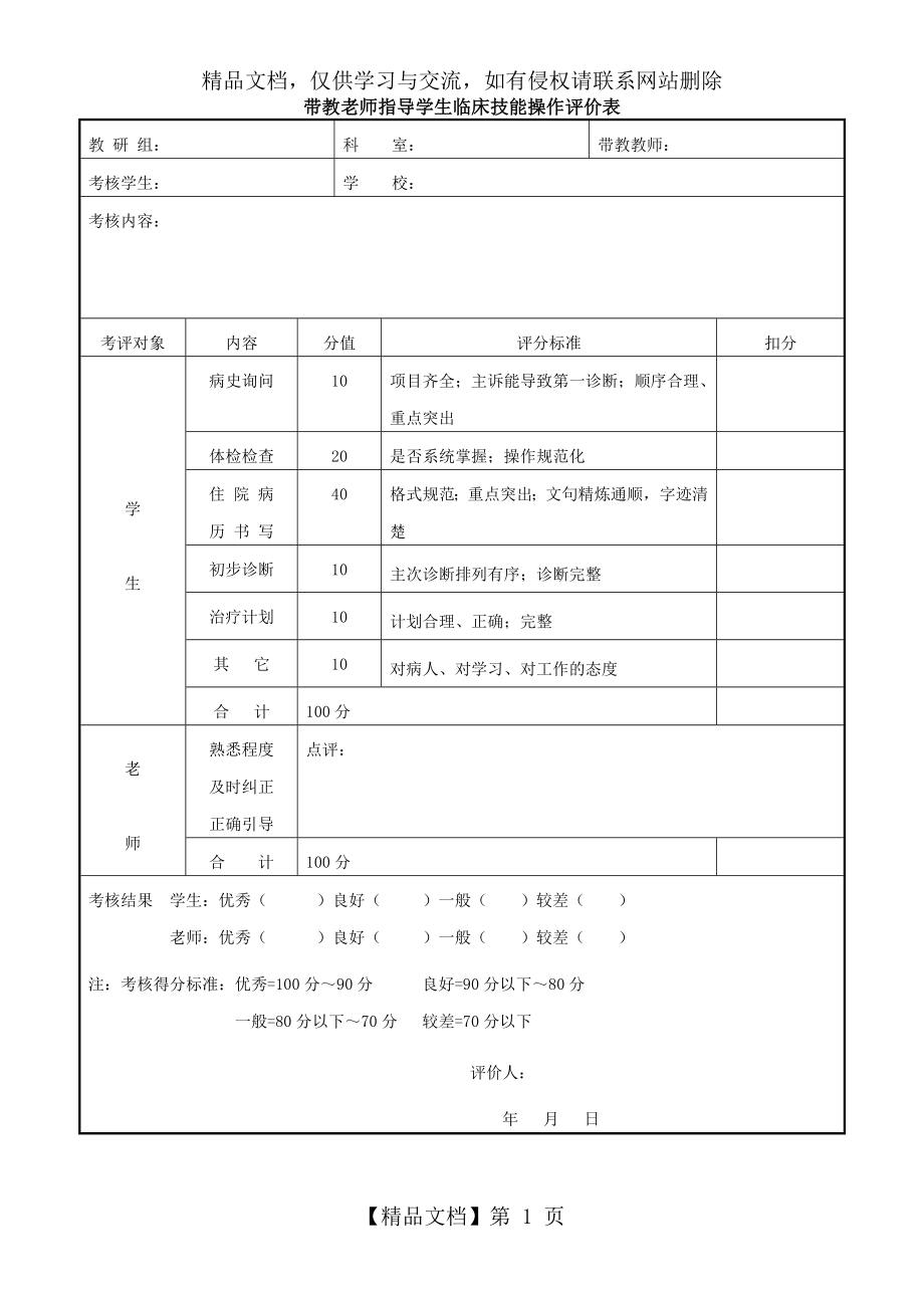 带教老师指导学生临床技能操作评价表.doc_第1页