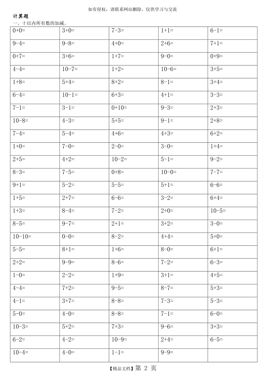人教版-小学-数学-一年级-计算题(20以内+-).doc_第2页