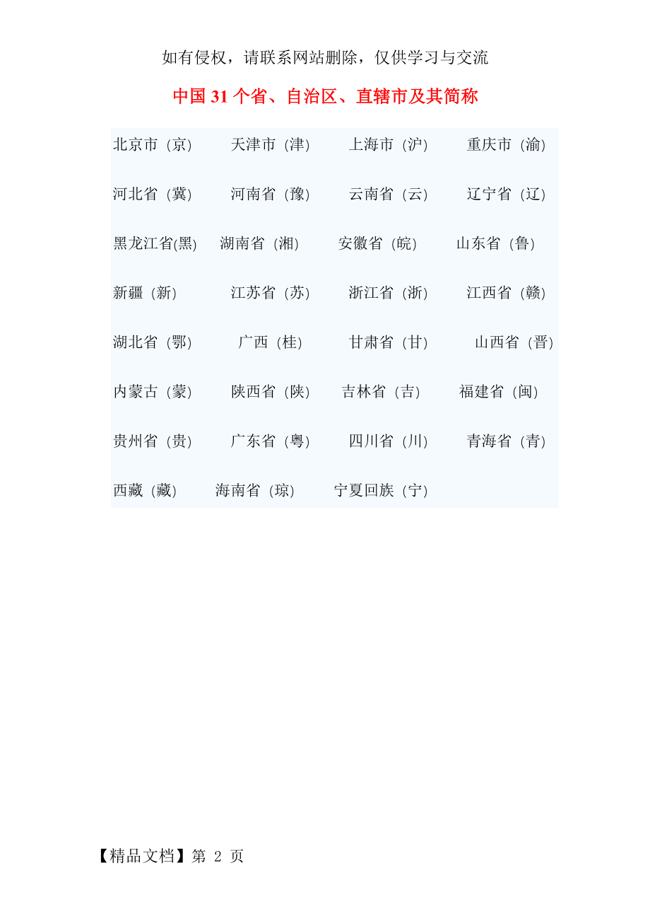 中国31个省、自治区、直辖市及其简称共2页文档.doc_第2页