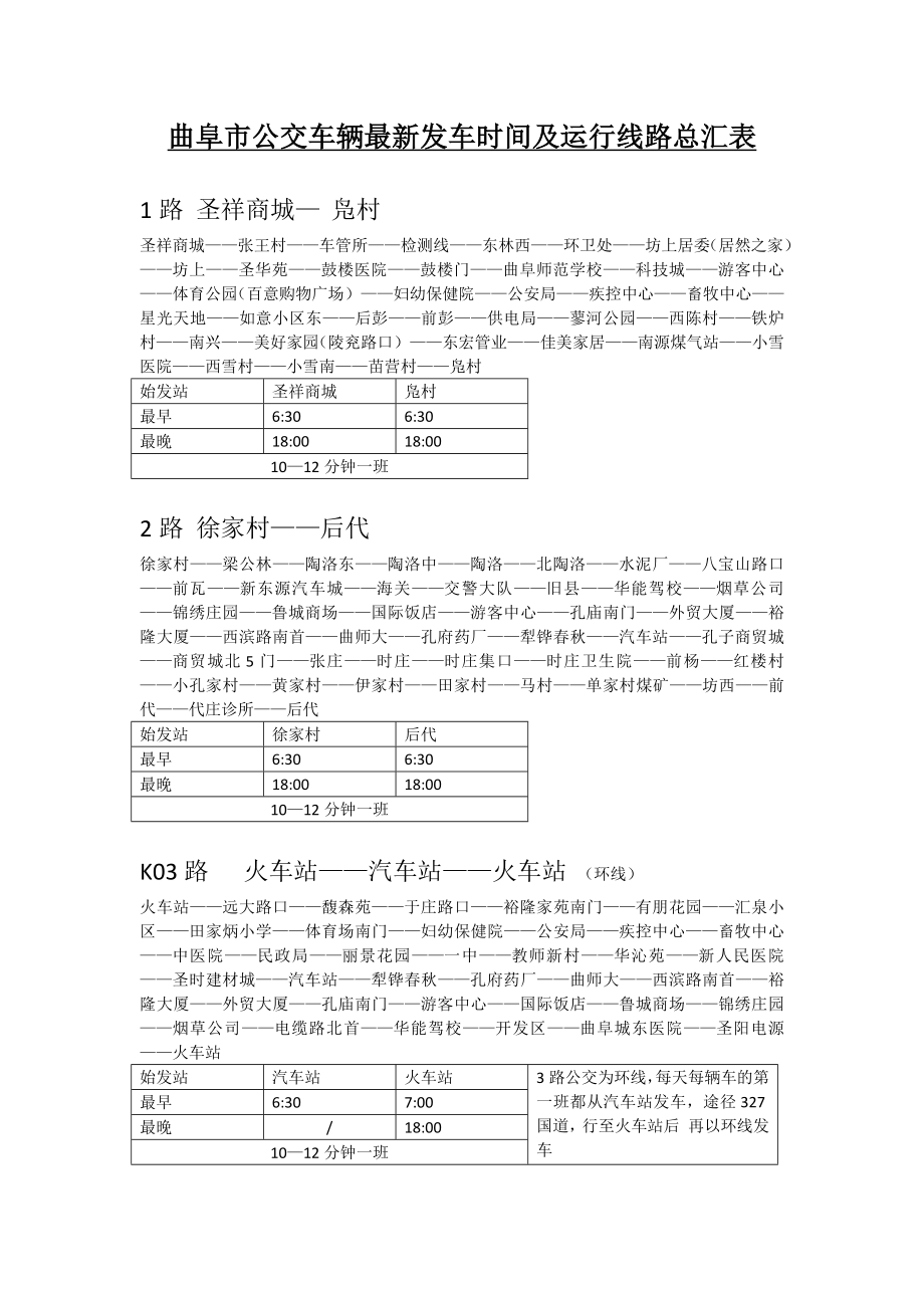 曲阜市公交车辆最新线路及发车时间汇总表.doc_第1页