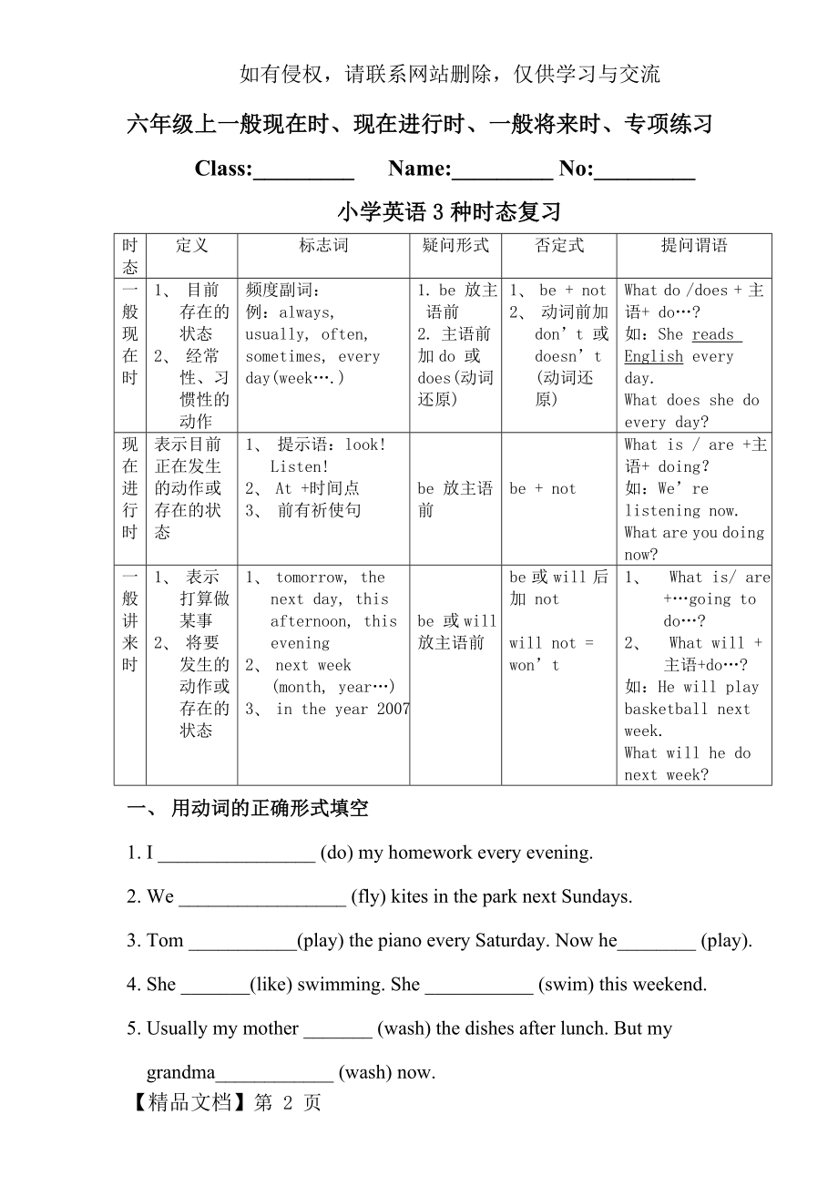 六年级上一般现在时、现在进行时、一般将来时、一般过去时讲解及专项练习.doc_第2页