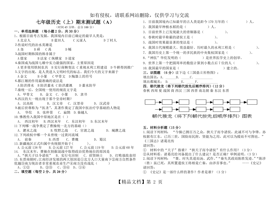 初中一年级历史上册期末测试题和答案(A B).doc_第2页