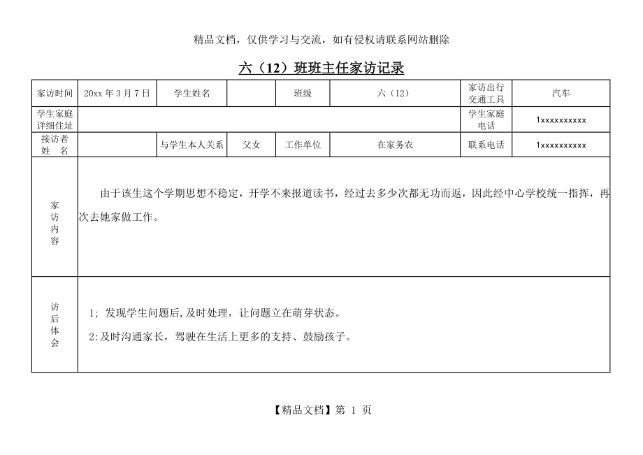 小学六年级班主任家访记录表.doc_第1页